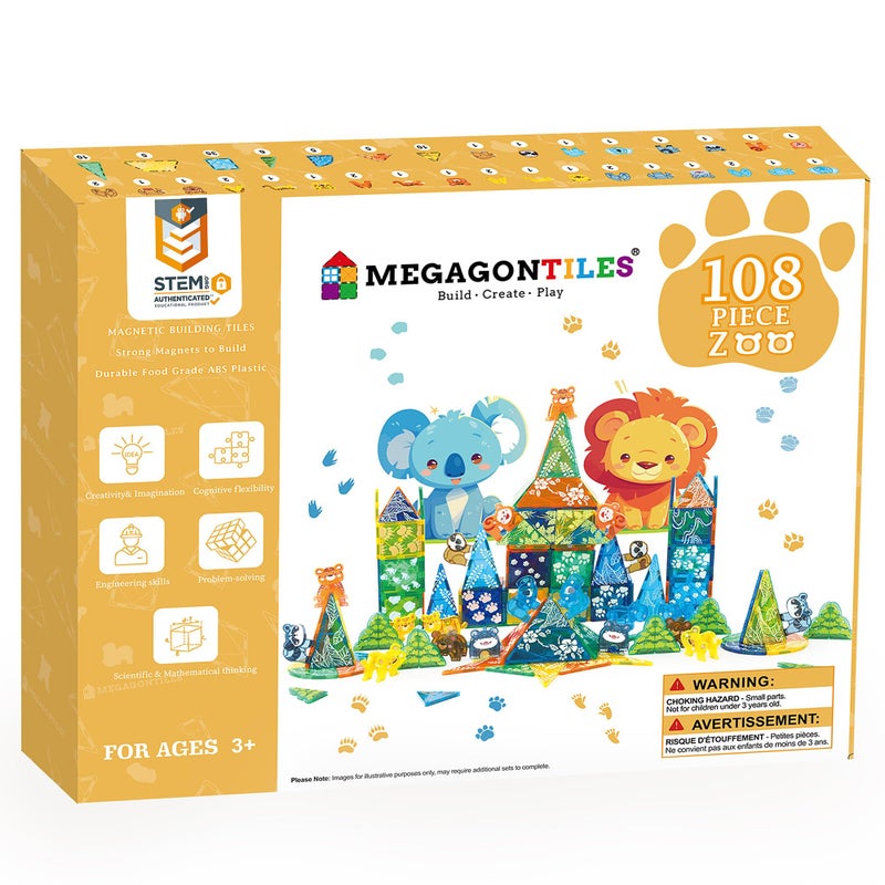 MEGAGONTILES Zoo Animals Magnetic Tiles Set 108PCS | STEM-Authenticated Magnetic Building Blocks with Animal Figures | Educational Construction Toy for Toddlers & Kids Ages 3â€“8 (Boys & Girls) - Image 1