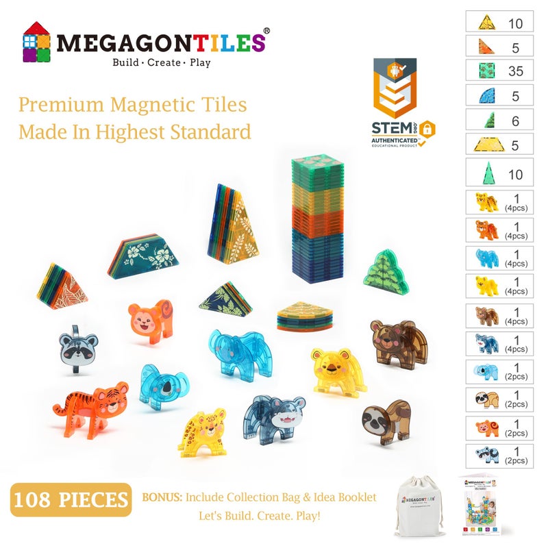 MEGAGONTILES Zoo Animals Magnetic Tiles Set 108PCS | STEM-Authenticated Magnetic Building Blocks with Animal Figures | Educational Construction Toy for Toddlers & Kids Ages 3â€“8 (Boys & Girls) - Image 2