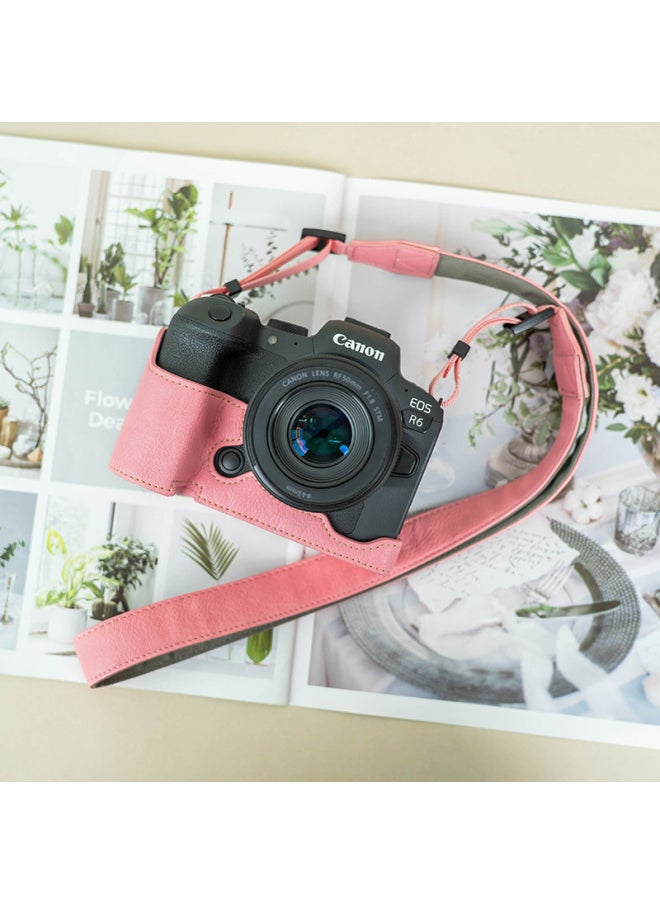 Generic Canon R50 Protective Case R10 Camera Bag RPR8 Leather Case R7 Base Bag R5 Protective Case R6 Second Generation Accessories R100-Color:R5/r6/r62 Pink Protective Case + Pink Pu Shoulder Strap  - Image 1