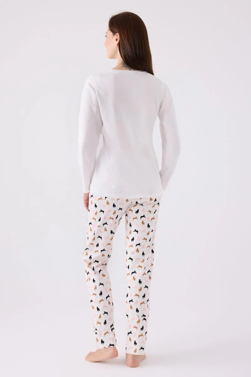 Arnetta Women's Cat Printed Cream Pajama Set, Cotton
