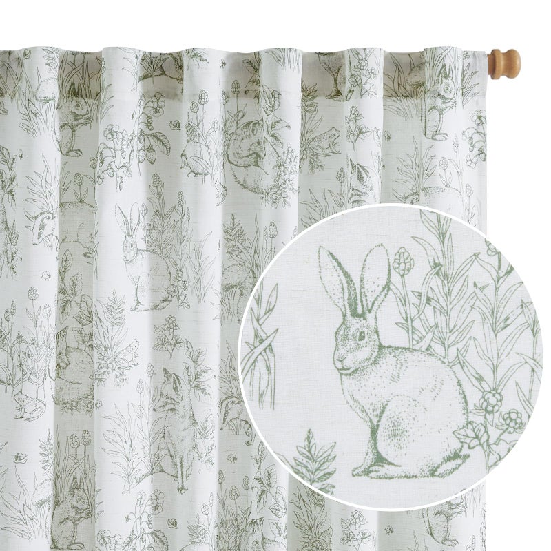 jinchan Linen Nursery Curtains 63 inch Long Woodland Wildlife Sage Green Print Drapes for Kids Room Light Filtering French Country Farmhouse Curtains with Bunny and Forest Design Set of 2 Panels - Image 2