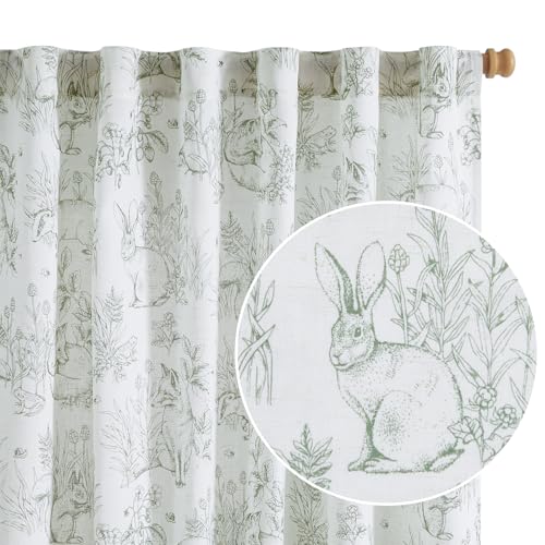 jinchan Linen Nursery Curtains 63 inch Long Woodland Wildlife Sage Green Print Drapes for Kids Room Light Filtering French Country Farmhouse Curtains with Bunny and Forest Design Set of 2 Panels - Image 1