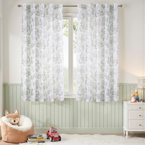 jinchan Linen Nursery Curtains 63 inch Long Woodland Wildlife Sage Green Print Drapes for Kids Room Light Filtering French Country Farmhouse Curtains with Bunny and Forest Design Set of 2 Panels - Image 3
