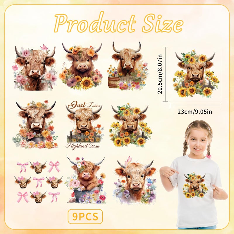 EoBeCy 9 Sheets Highland Cow Iron on Transfers for T-Shirts, DTF Transfers Ready to Press Heat Transfer Vinyl, Cute Cow Sunflower Iron on Decals for Clothes Bag Pillow DIY Crafts - Image 2