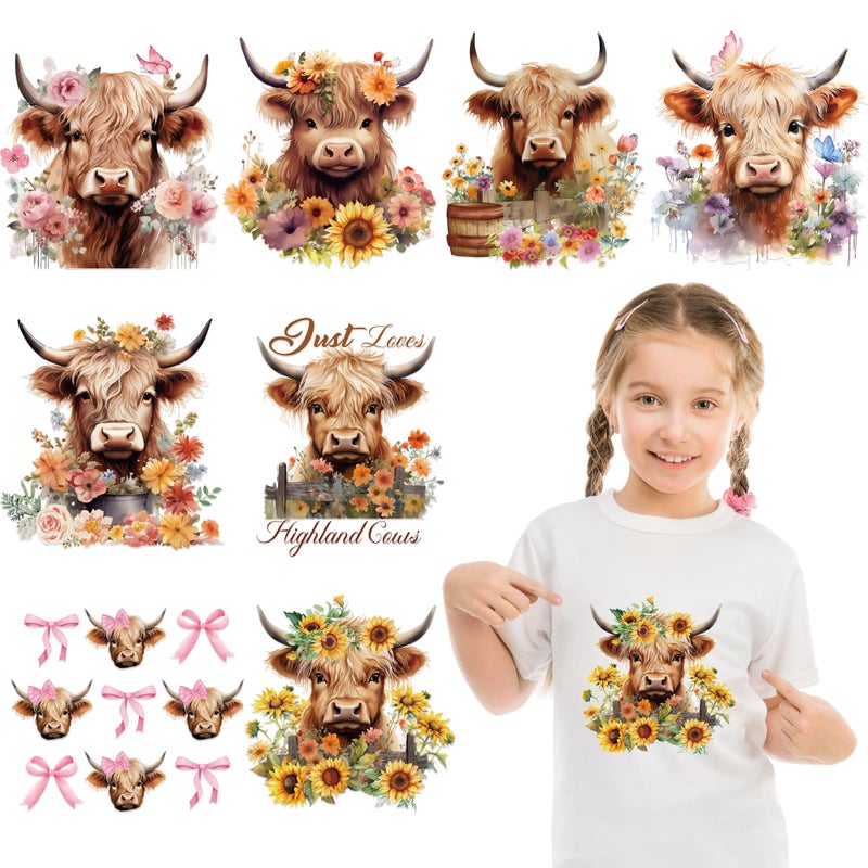 EoBeCy 9 Sheets Highland Cow Iron on Transfers for T-Shirts, DTF Transfers Ready to Press Heat Transfer Vinyl, Cute Cow Sunflower Iron on Decals for Clothes Bag Pillow DIY Crafts - Image 1