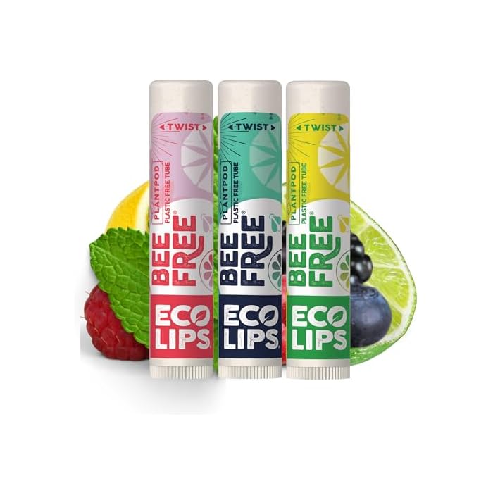 Eco Lips Bee Free Variety Pack Vegan Lip Balm | Candelilla Wax, Cocoa Butter & Coconut Oil Lip Care. Soothe & Moisturize Dry, Chapped Lips - 100% Plastic-Free Plant Pod Packaging - Made in USA