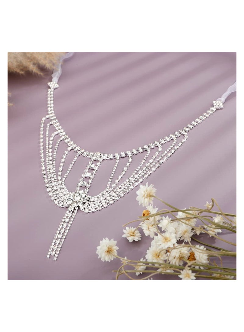 SYOSI Women Body Chain, SYOSI Rhinestone Shoulder Chain with Tassels, Fringe Shoulder Chain, Bridal Wedding Jewelry Wedding Arm Chain, Rhinestone Underwear Bra Chain, Party Body Accessories(Silver) - Image 4