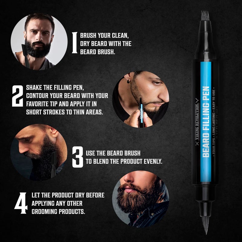 Viking Revolution Beard Pen (2 Pack) - Black Beard Pencil Filler for Men Lapiz para Barba de Hombre - Beard Filler for Men Waterproof Beard Filling Pen Kit - Long Lasting Beard Filler Pen with Brush - Image 5
