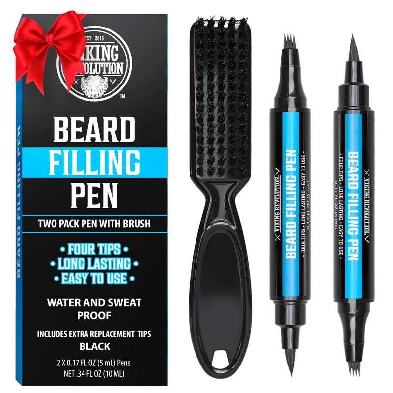 Viking Revolution Beard Pen (2 Pack) - Black Beard Pencil Filler for Men Lapiz para Barba de Hombre - Beard Filler for Men Waterproof Beard Filling Pen Kit - Long Lasting Beard Filler Pen with Brush - Image 1