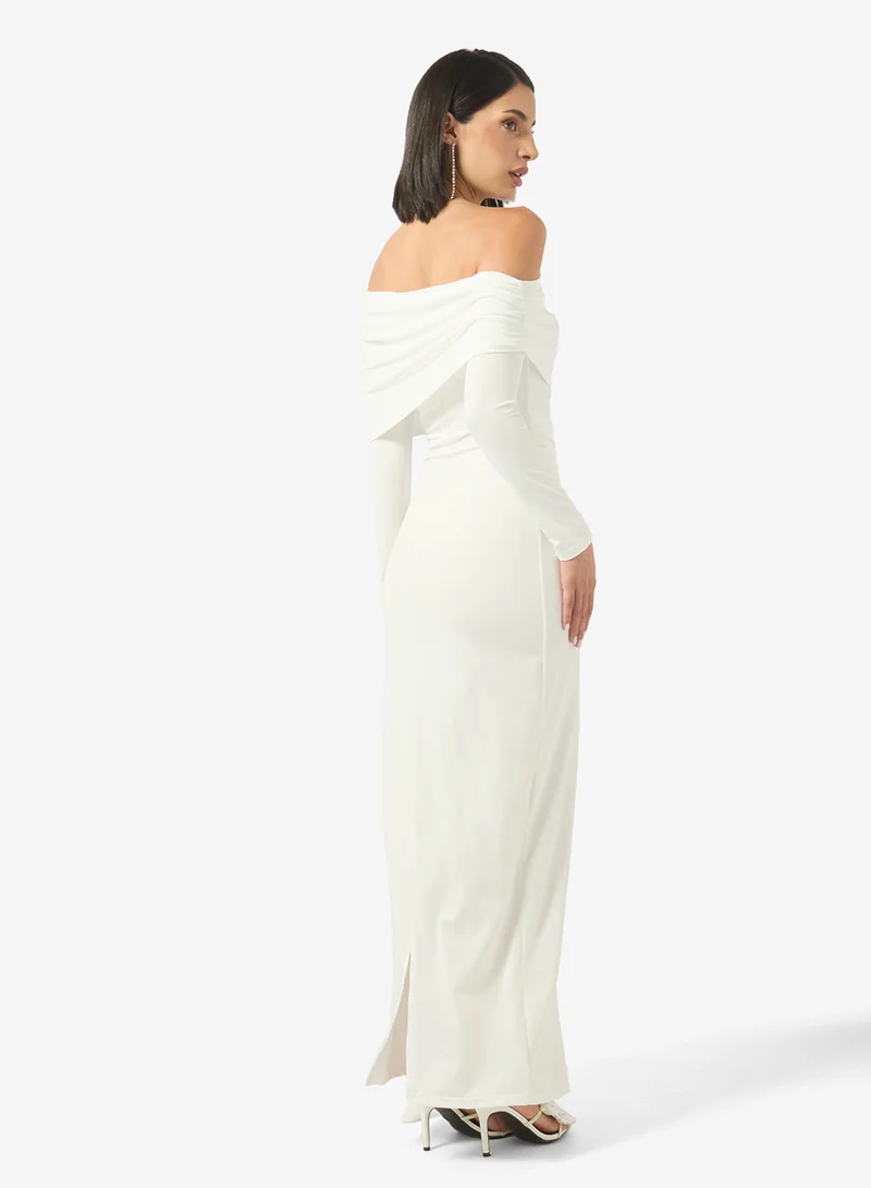 جينجر Drop Shoulder Gather Detail Dress with Trail