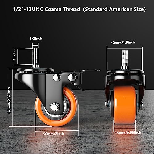YUPEZOP 2 Inch Caster Wheels, Threaded Stem Casters Set of 4 Heavy Duty, 1/2"-13 x 1 (Screw Diameter 1/2", Stem Length 1"), Safety Dual Locking Industrial Castors, Wheels for Cart, Furniture - Image 2