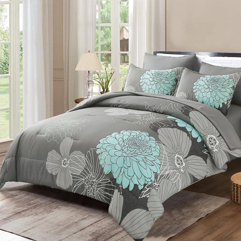 Yiran California King Comforter Set Grey Floral Comforter for All Season Cal King Soft Microfiber Bedding Set,7 Pieces,104"x96" - Image 1