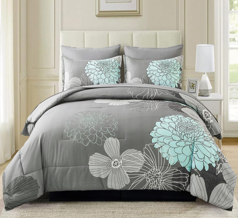 Yiran California King Comforter Set Grey Floral Comforter for All Season Cal King Soft Microfiber Bedding Set,7 Pieces,104"x96" - Image 2