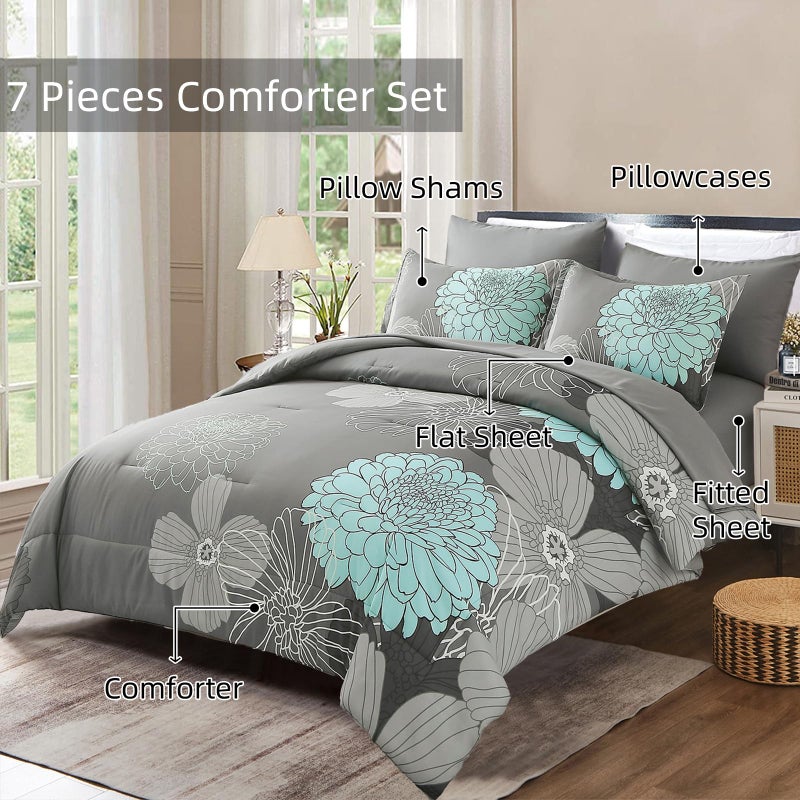 Yiran California King Comforter Set Grey Floral Comforter for All Season Cal King Soft Microfiber Bedding Set,7 Pieces,104"x96" - Image 3