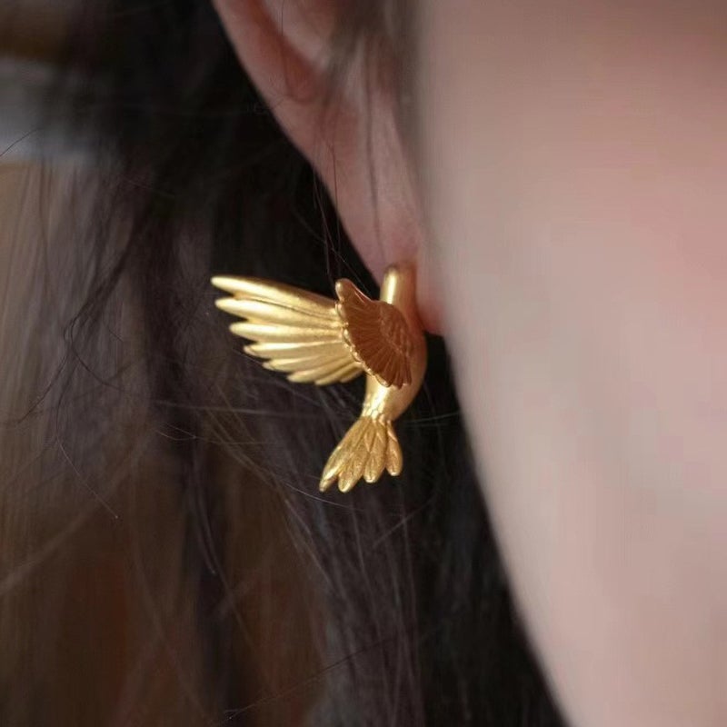 National style design S925 silver needle bird earrings womens Chinese retro niche high-grade plated 24k gold earrings earrings Bird earring single (gold)
