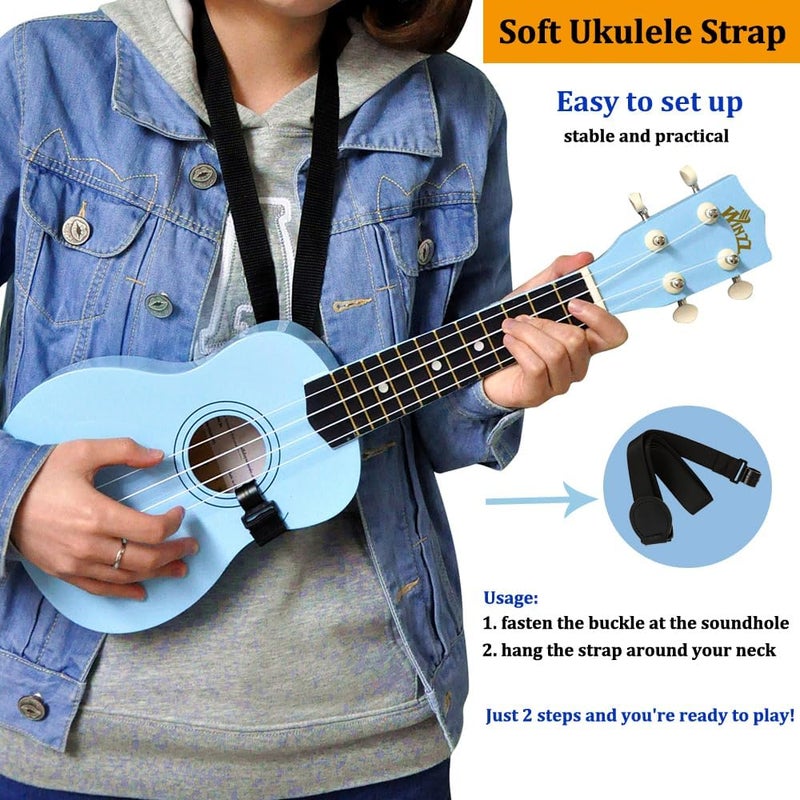 وينز مجموعة Blue Ukulele Soprano للمبتدئين مع حقيبة، موالف قابل للتثبيت، أوتار إضافية، حزام، معول، ملصقات الحنق، بطاقة الأوتار، قطعة ��لميع - Image 5