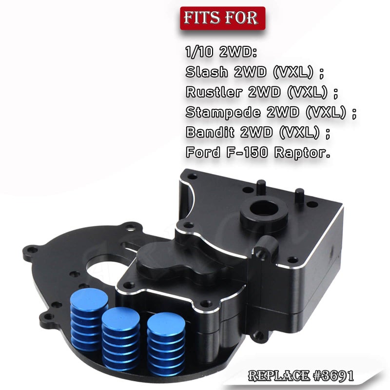 Aluminum Transmission Case Gearbox Upgrades Part for 1/10 Traxxas Slash 2WD VXL,Rustler VXL 2WD,Stampede VXL 2WD,Bandit VXL 2WD,Ford F-150 Raptor,ARRCat Hops Up Transmission Gearbox,Replace 3691,Black - Image 2
