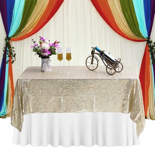 TCBESTO Sparkly Champagne Gold Sequin Tablecloth Rectangle 60" x 102" Glitter Table Cover Metallic Sequence Table Clothes for Birthday Party Baby Shower Wedding - Image 5
