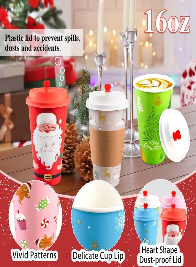 CUPLOOV 50 Pack Christmas Hot Coffee Cups with Lids & Sleeves, 16 Oz Disposable Paper Cups Xmas To Go Coffee Cups With Lids for Hot Cold Drinks Christmas Holiday Winter Party Supplies - Image 3