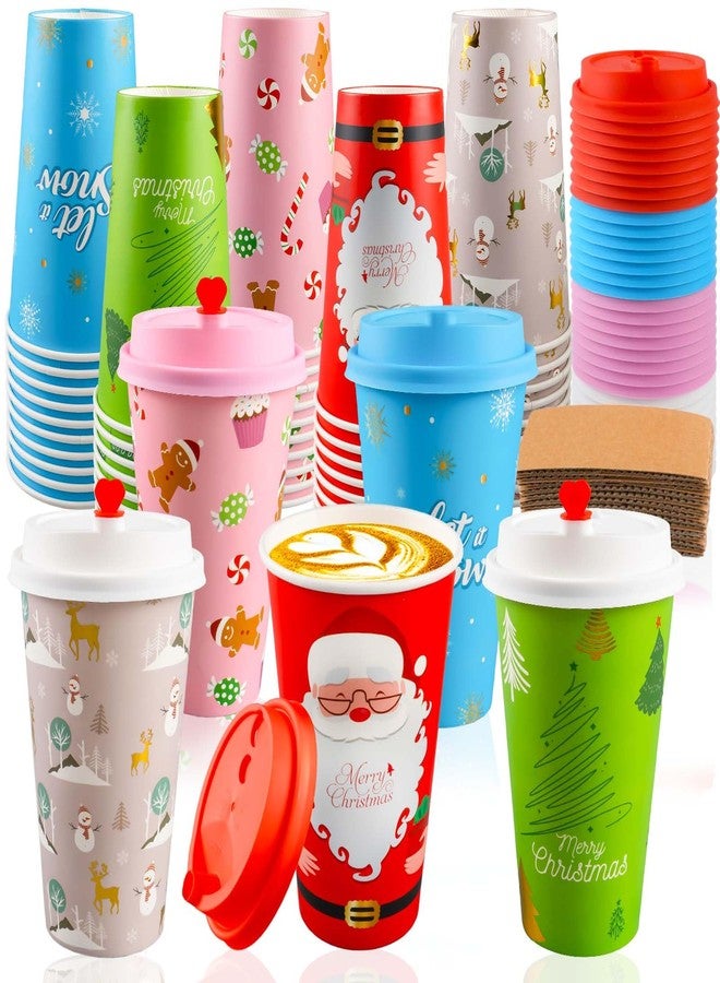 CUPLOOV 50 Pack Christmas Hot Coffee Cups with Lids & Sleeves, 16 Oz Disposable Paper Cups Xmas To Go Coffee Cups With Lids for Hot Cold Drinks Christmas Holiday Winter Party Supplies - Image 1