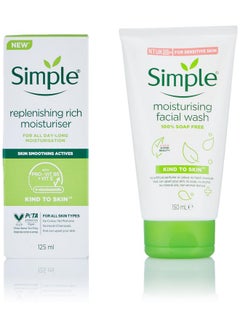 simple Kind To Skin Replenishing Rich Moisturiser Face Cream For All Skin Types Sensitive Skin 125 Ml & Moisturising Facial Wash Facewash No Soap 150 Ml  - Image 1