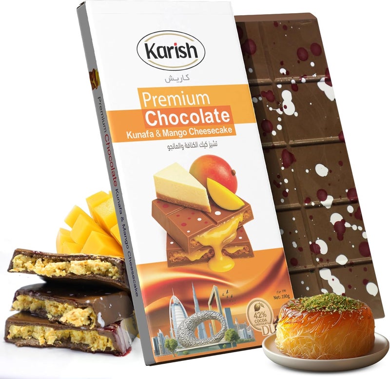 Karish Mango Cheesecake Kunafe Chocolate 190g – Fruity Gourmet Chocolate, Rich Cocoa & Tropical Dessert Treat - Image 1