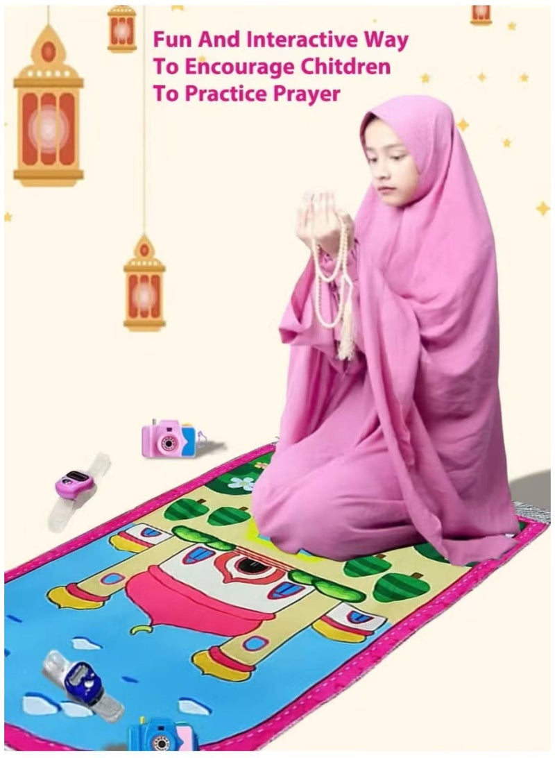 طقم سجاد صلاة للأطفال مكون من 5 قطع، سجادة صلاة إسلامية قابلة للطي مع مسبحة، وعداد للمسبحة، وغيرها، بنقوش إسلامية، سجادة صلاة إسلامية مبطنة وناعمة، هدية للمسلمين في رمضان، والعيد، والحج (بنات) - Image 3