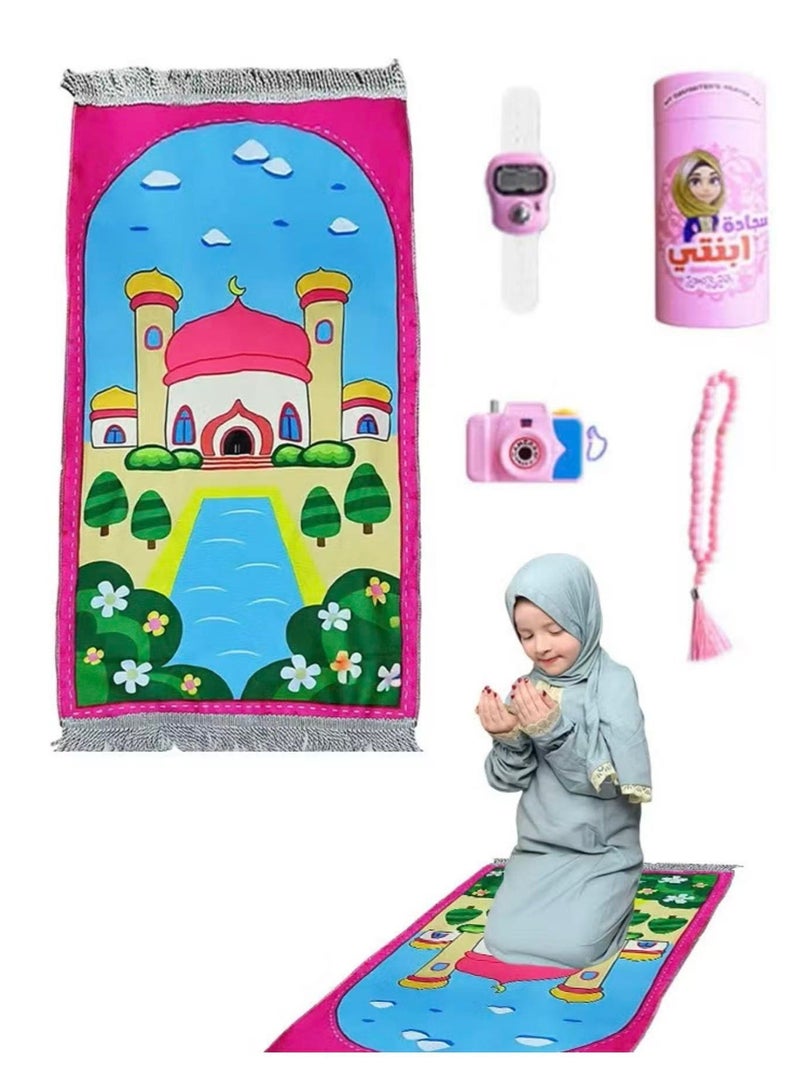 طقم سجاد صلاة للأطفال مكون من 5 قطع، سجادة صلاة إسلامية قابلة للطي مع مسبحة، وعداد للمسبحة، وغيرها، بنقوش إسلامية، سجادة صلاة إسلامية مبطنة وناعمة، هدية للمسلمين في رمضان، والعيد، والحج (بنات) - Image 1