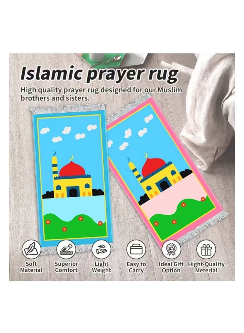 طقم سجاد صلاة للأطفال مكون من 5 قطع، سجادة صلاة إسلامية قابلة للطي مع مسبحة، وعداد للمسبحة، وغيرها، بنقوش إسلامية، سجادة صلاة إسلامية مبطنة وناعمة، هدية للمسلمين في رمضان، والعيد، والحج (بنات) - Image 2