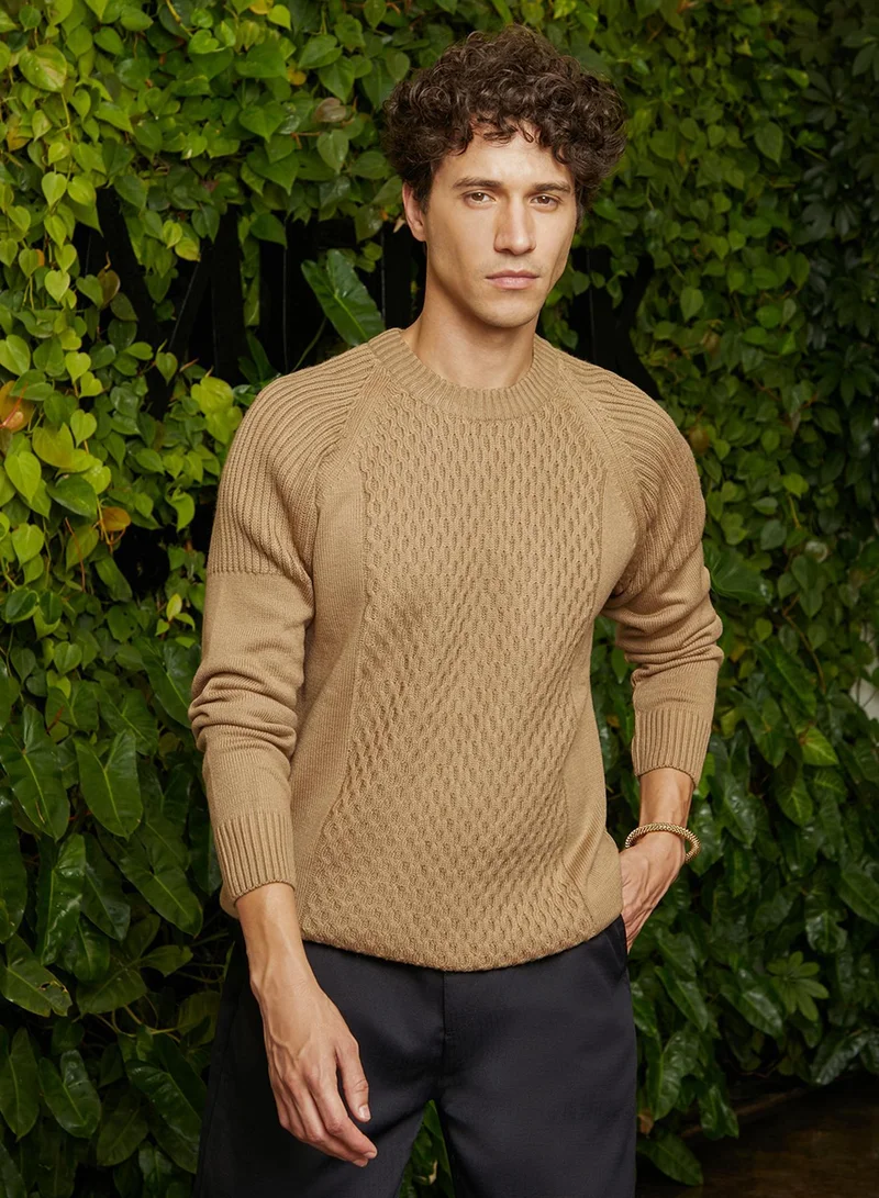Campus Sutra Men's Camel Beige Hive-Knit Pullover Sweater