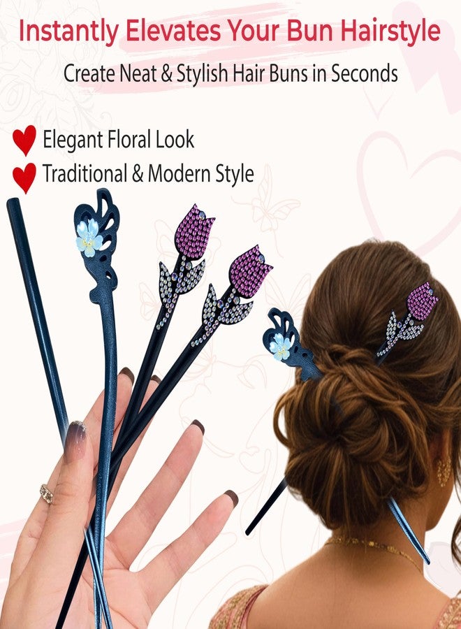 TEMPERIA (4pcs) Hair Bun Stick for Women & Girls | Chinese Juda Hair Accessories for Women for Wedding & Party | Elegant, Lightweight, Durable & Easy to Use (Black) - Image 3