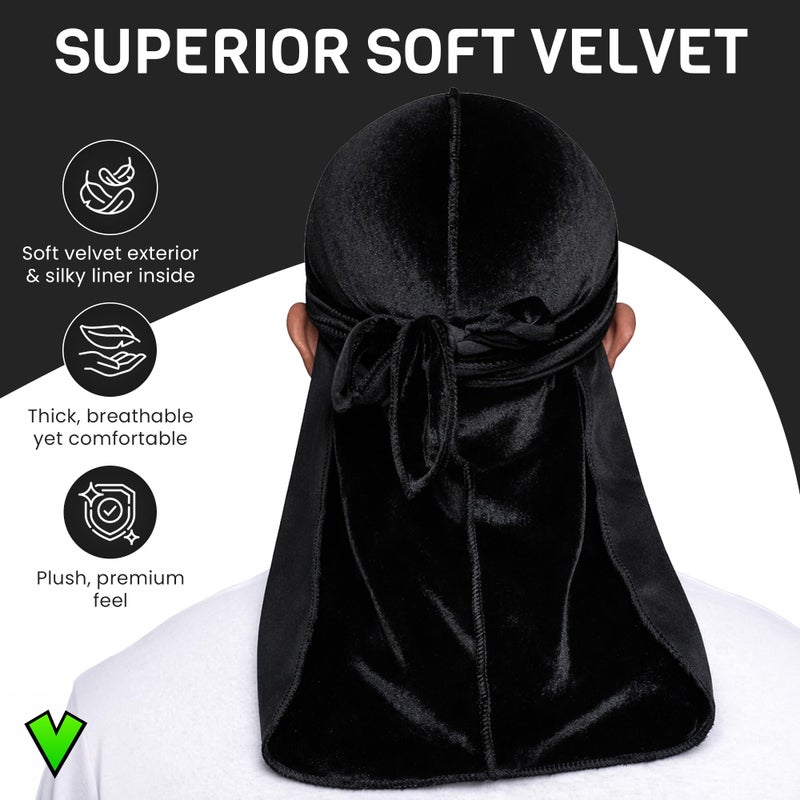 Veeta Superior Velvet Durag - Soft Velvet Durags for Men & Women, Long Double Wide Straps, Silky Durag Liner, Triple Stitched - Image 2
