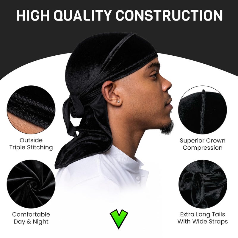 Veeta Superior Velvet Durag - Soft Velvet Durags for Men & Women, Long Double Wide Straps, Silky Durag Liner, Triple Stitched - Image 3