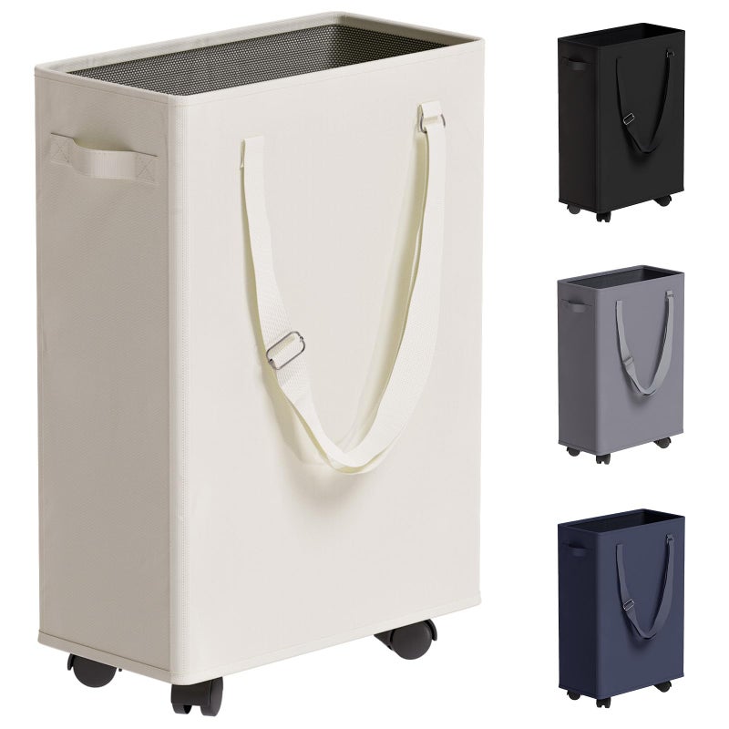 TECHMILLY Slim Rolling Laundry Basket Slim Laundry Hamper with Wheels and Adjustable Long Handles 45L Small Laundry Baskets with Mesh Top Narrow Dirty Clothes Hamper for Bedroom Closet and Bathroom  Beige 