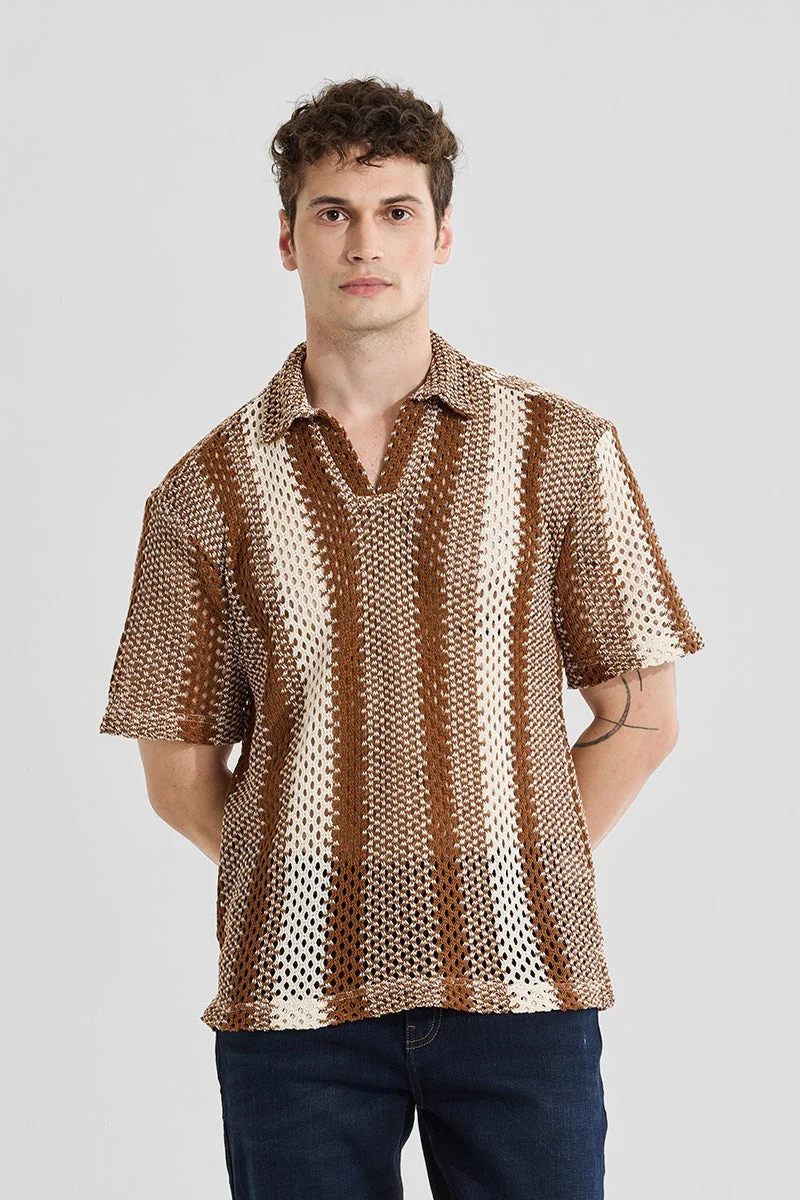 سنيتش Brown Striped Half Sleeve Boxy T-Shirt