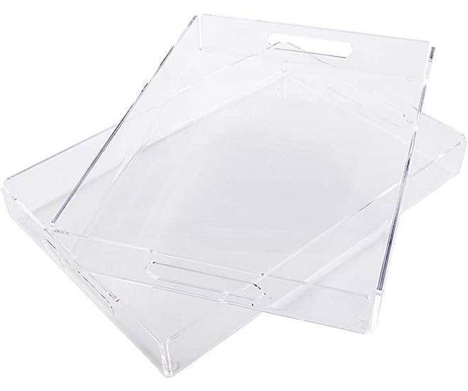 SMARTPOINTS Clear Acrylic Tray with Handles, Set of 2, Decorative Serving Tray for Coffee Table, Tea, Storage | 15.2" X 11" X 2" Rectangular - Image 1
