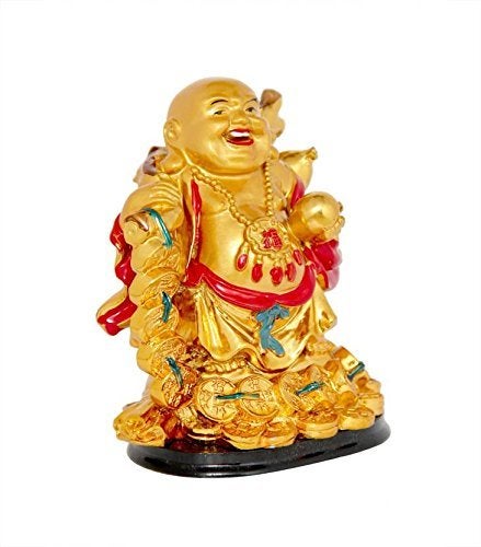 GJ Feng Shui Laughing Buddha with Coin Chain Polyresin Golden Color - Image 3