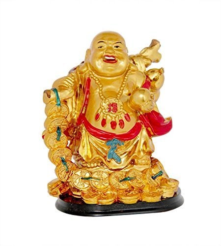 GJ Feng Shui Laughing Buddha with Coin Chain Polyresin Golden Color - Image 1