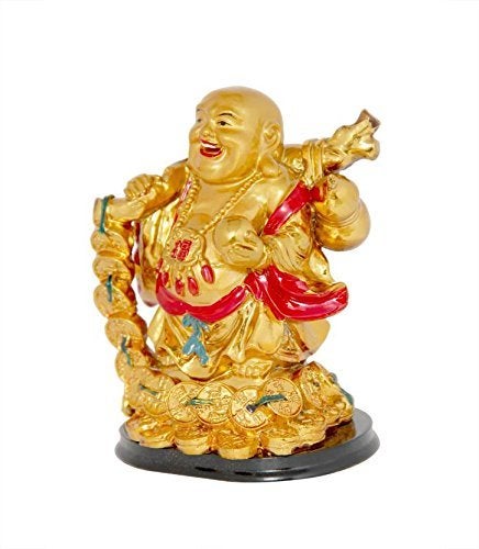 GJ Feng Shui Laughing Buddha with Coin Chain Polyresin Golden Color - Image 2