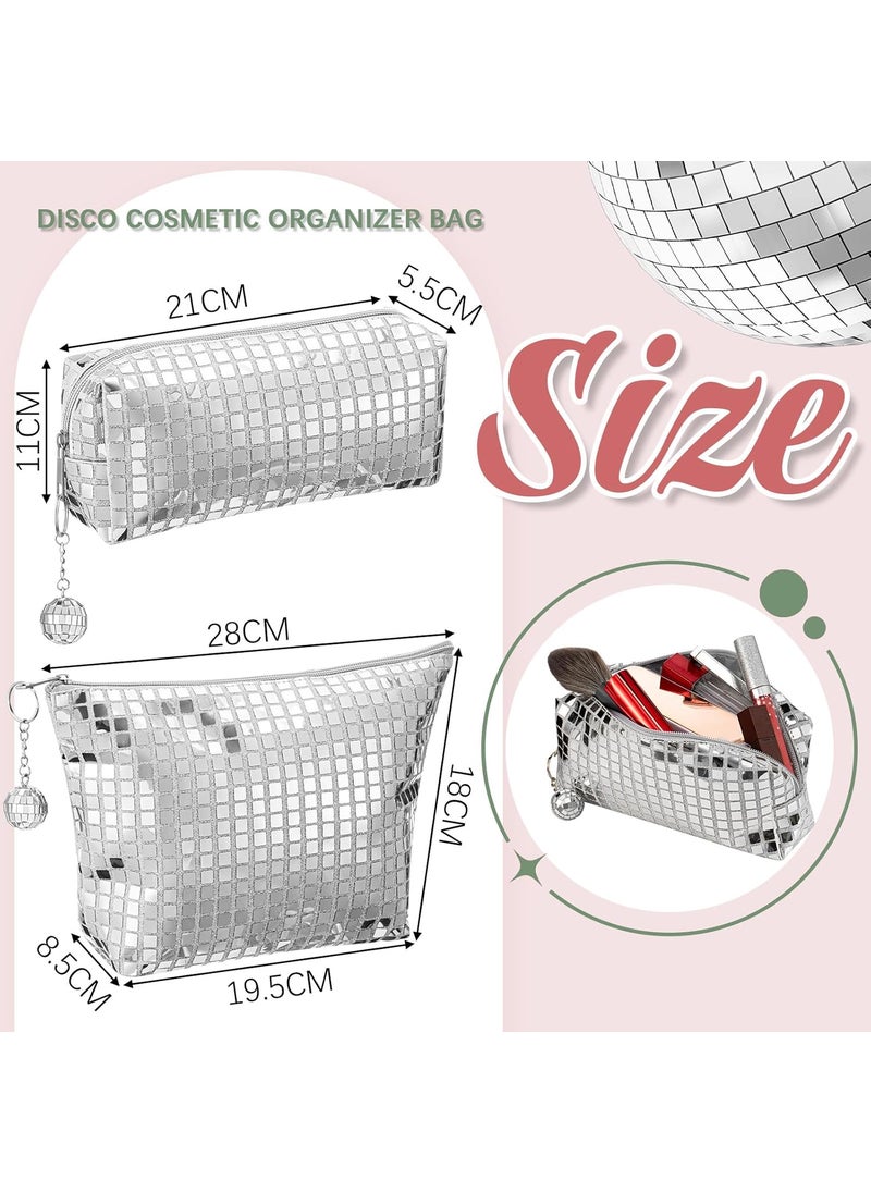 Reginary Reginary 2 Pcs Disco Cosmetic Makeup Bags Women Silver Glitter Sequin Mirror Bag Large Travel Handbag with Disco Ball Zipper Storage Makeup Bag for Christmas New Year Bridal Bachelorette Party Gifts  - Image 3