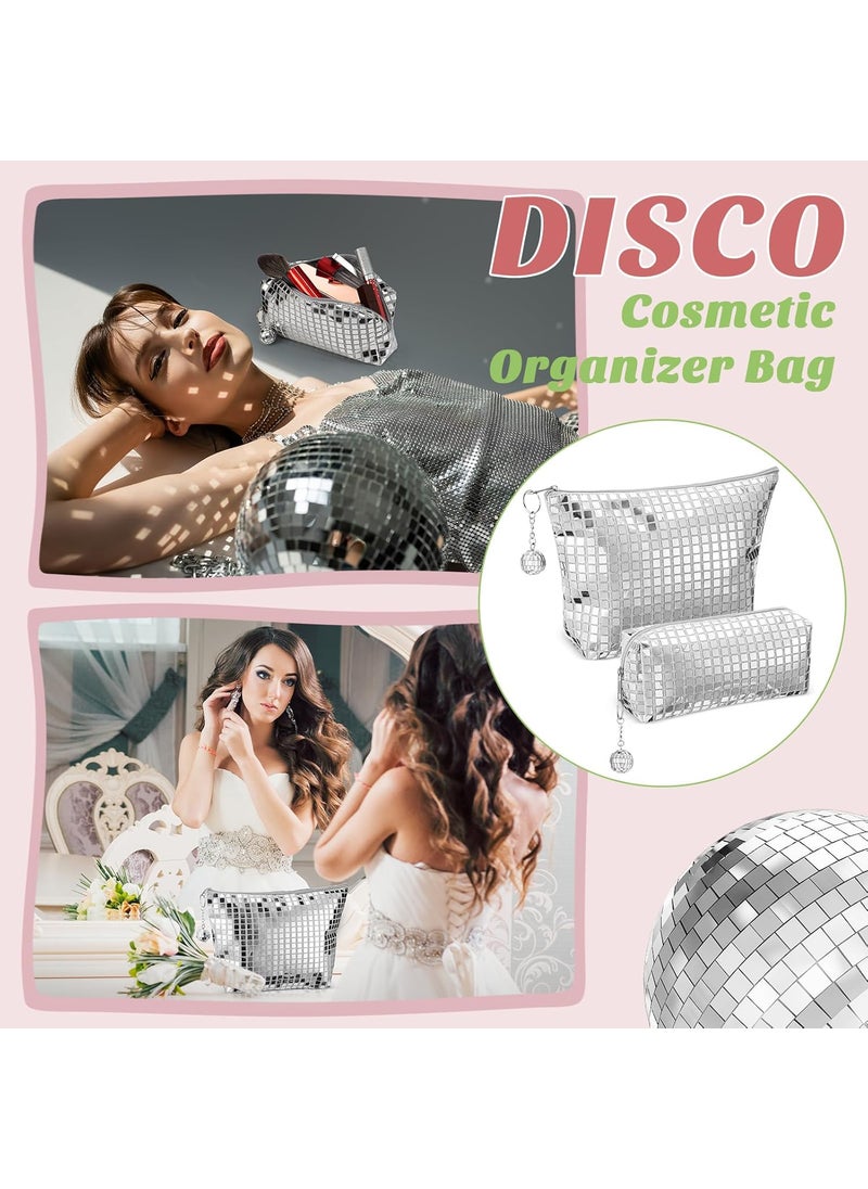 Reginary Reginary 2 Pcs Disco Cosmetic Makeup Bags Women Silver Glitter Sequin Mirror Bag Large Travel Handbag with Disco Ball Zipper Storage Makeup Bag for Christmas New Year Bridal Bachelorette Party Gifts  - Image 5