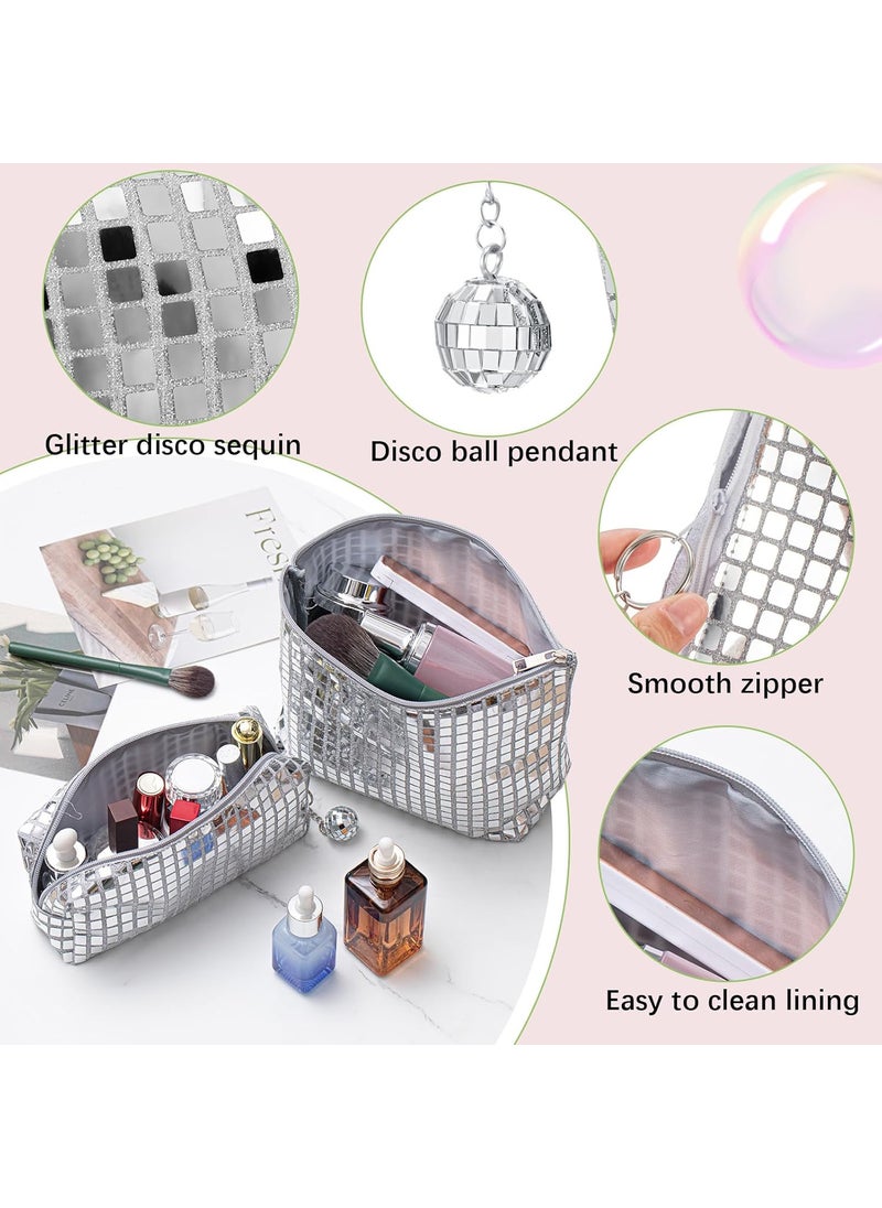 Reginary Reginary 2 Pcs Disco Cosmetic Makeup Bags Women Silver Glitter Sequin Mirror Bag Large Travel Handbag with Disco Ball Zipper Storage Makeup Bag for Christmas New Year Bridal Bachelorette Party Gifts  - Image 4