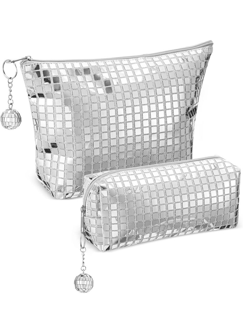 Reginary Reginary 2 Pcs Disco Cosmetic Makeup Bags Women Silver Glitter Sequin Mirror Bag Large Travel Handbag with Disco Ball Zipper Storage Makeup Bag for Christmas New Year Bridal Bachelorette Party Gifts  - Image 1
