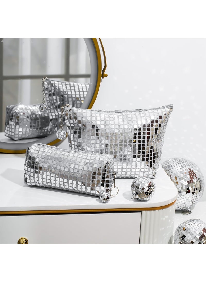 Reginary Reginary 2 Pcs Disco Cosmetic Makeup Bags Women Silver Glitter Sequin Mirror Bag Large Travel Handbag with Disco Ball Zipper Storage Makeup Bag for Christmas New Year Bridal Bachelorette Party Gifts  - Image 2
