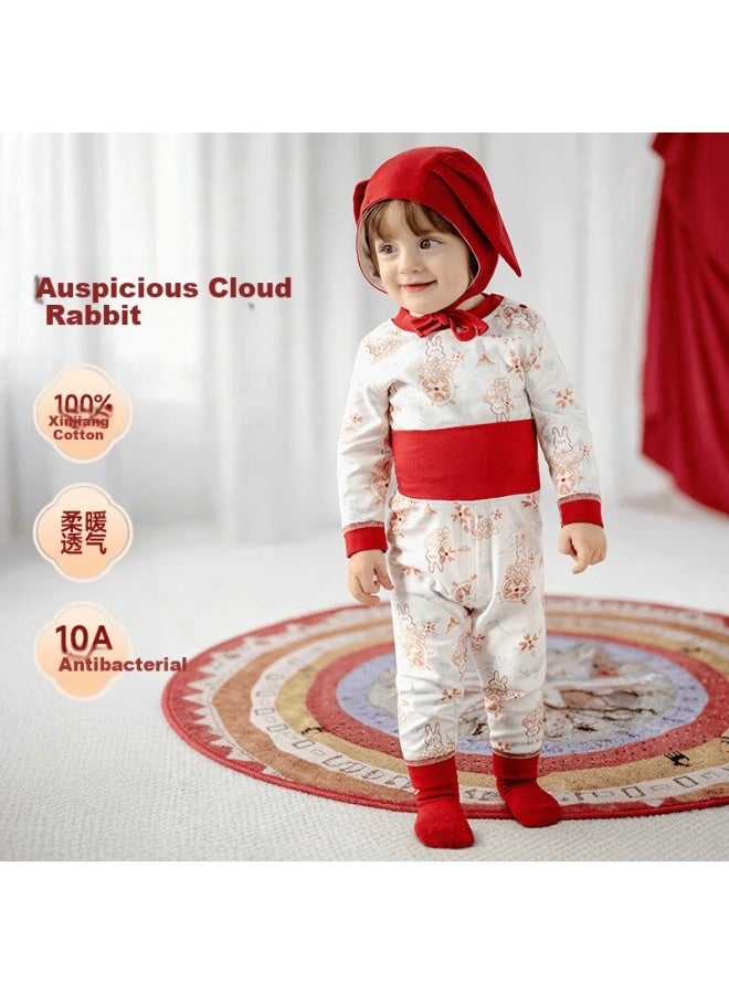 Ouyun Children's Pajamas Autumn Winter Boys Girls High Waist Belly Protection New Year Red Warm Clothing Set Auspicious Cloud Rabbit 73 - Image 1