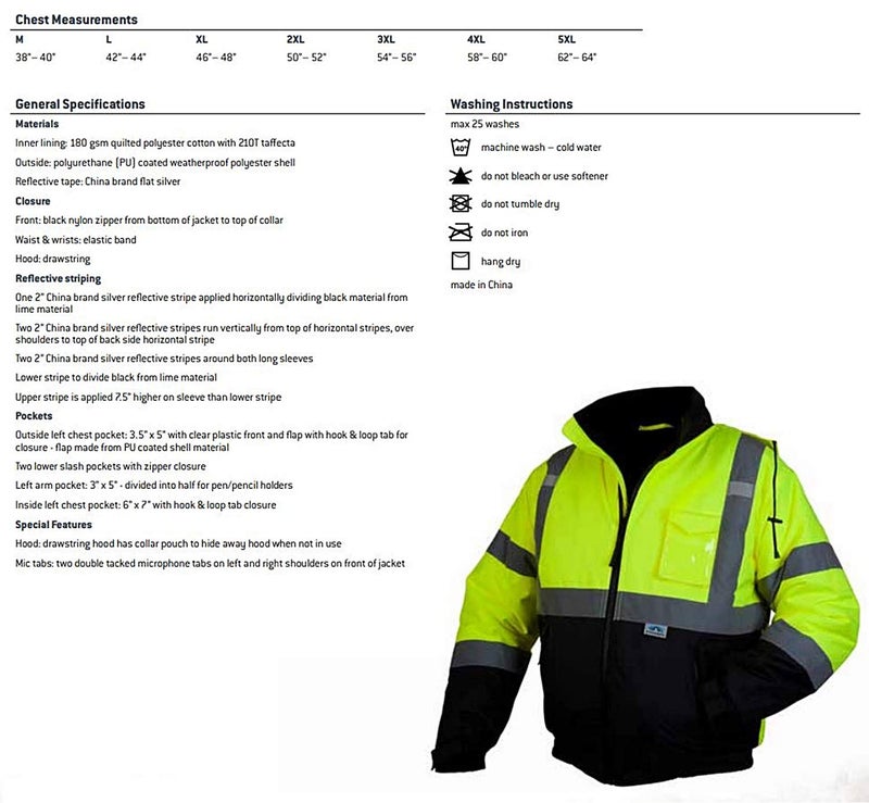 Pyramex Safety RJ3210XL RJ32 Series Jackets Hi-Vis Lime Bomber Jacket with Quilted Lining- Size Extra Large - Image 5