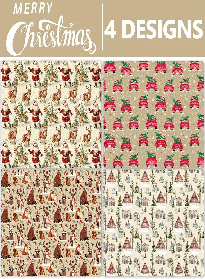 AEBORN Vintage Christmas Wrapping Paper for Kids Adults – Retro Holiday Designs with Santa Claus, Truck Carrying Christmas trees, Forest Animals, House | 8 Folded Sheets (20 X 28Inches | Xams Gift Wrap for Crafts & Party - Image 2