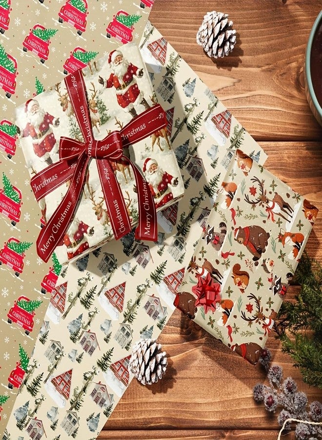 AEBORN Vintage Christmas Wrapping Paper for Kids Adults – Retro Holiday Designs with Santa Claus, Truck Carrying Christmas trees, Forest Animals, House | 8 Folded Sheets (20 X 28Inches | Xams Gift Wrap for Crafts & Party - Image 4