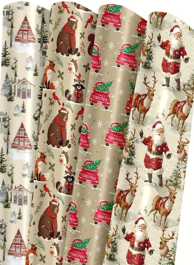 AEBORN Vintage Christmas Wrapping Paper for Kids Adults – Retro Holiday Designs with Santa Claus, Truck Carrying Christmas trees, Forest Animals, House | 8 Folded Sheets (20 X 28Inches | Xams Gift Wrap for Crafts & Party - Image 1
