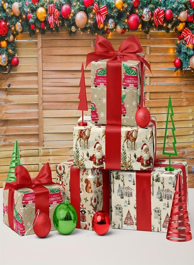 AEBORN Vintage Christmas Wrapping Paper for Kids Adults – Retro Holiday Designs with Santa Claus, Truck Carrying Christmas trees, Forest Animals, House | 8 Folded Sheets (20 X 28Inches | Xams Gift Wrap for Crafts & Party - Image 5